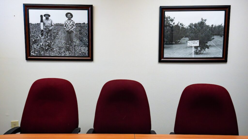 A row of three maroon chairs against a white wall under black and white pictures of farmers